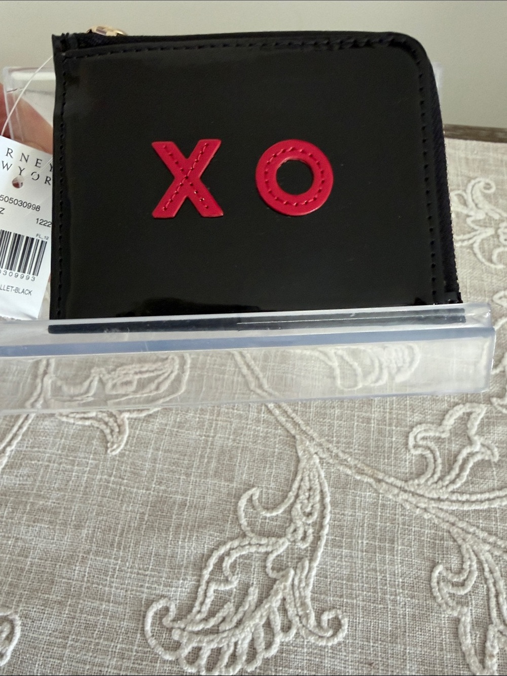 Barneys New York New With Tag Black Patent Zip Card Holder with Red XO Detail